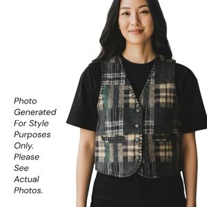At Last & Co Wool Blend Plaid Vest Academia Old Money Preppy Western Grunge